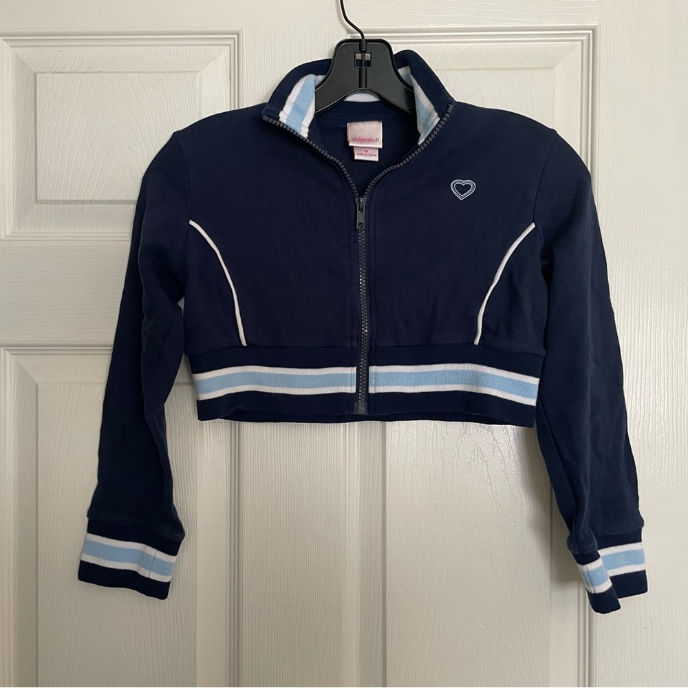 Xhilaration Navy and White Kids Cropped Jacket with Heart Accent Y2K